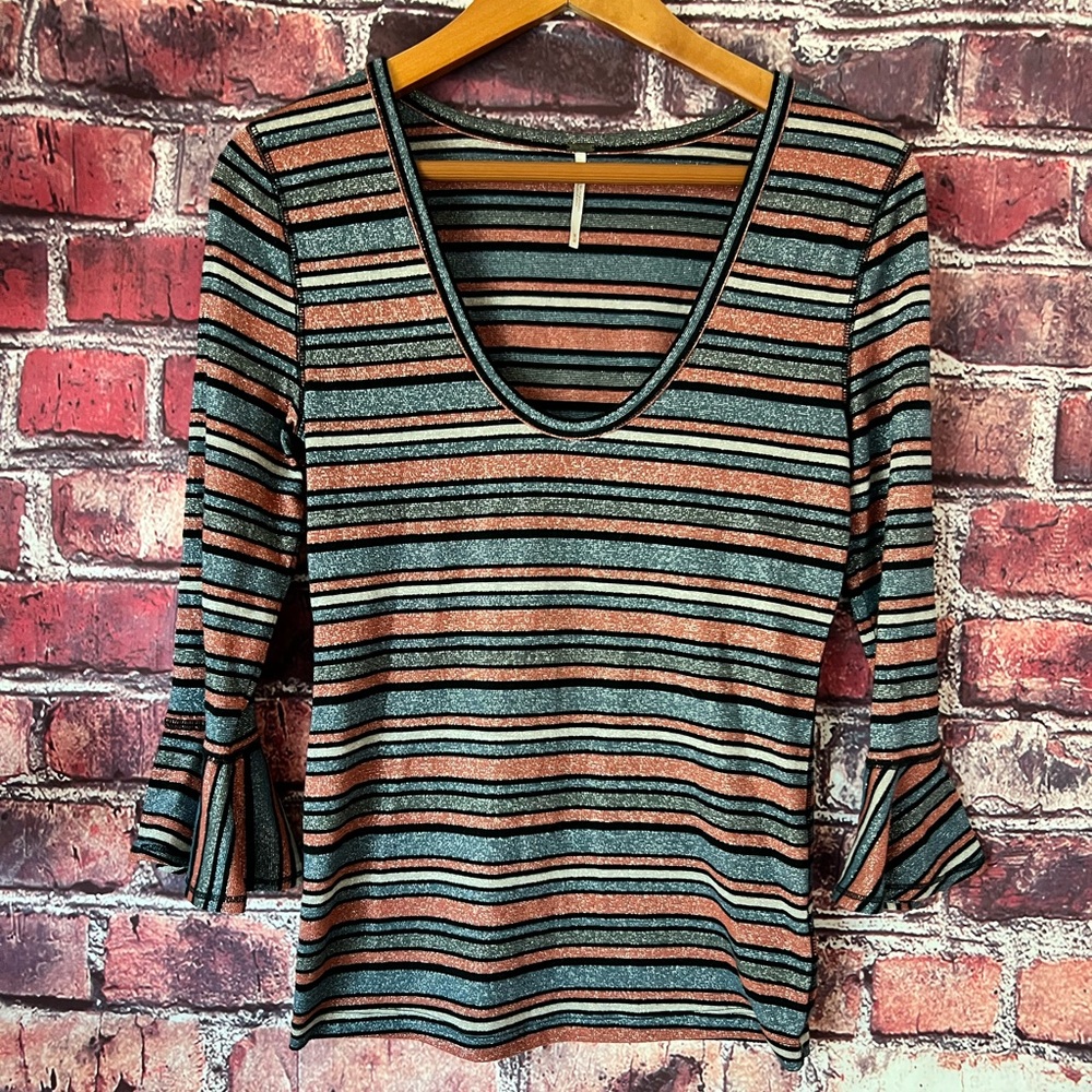 Free People Surprise Party Metallic Stripe Bell Sleeve Top